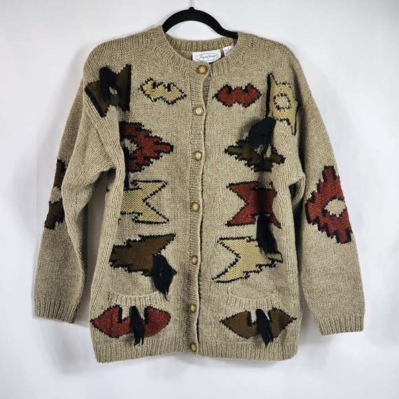 Jayson Younger Sweaters - Vtg Jayson Younger Womens Wool Aztec Cardigan Sz L Tan Apron Pockets Art to Wear